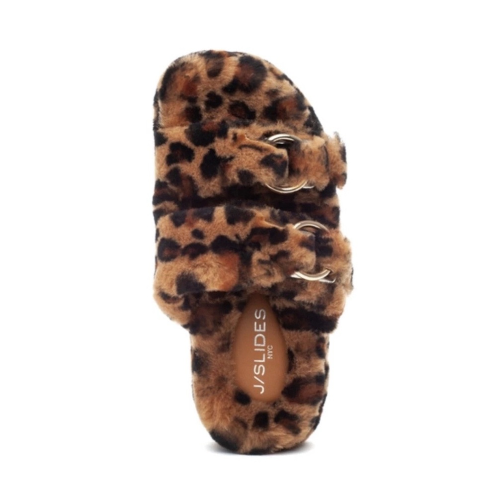 J/Slides NYC Brooke Shearling Slippers Leopard Faux Fur Slides Womens 6